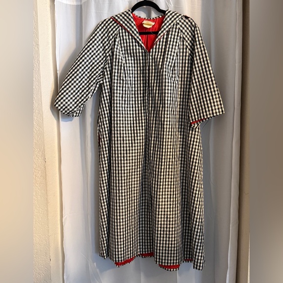 Vintage 50s Quilted Gingham Hostess Coat Red Lining Large - Picture 3 of 14